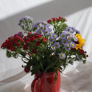 bouquet coloré avec grand vase rouge